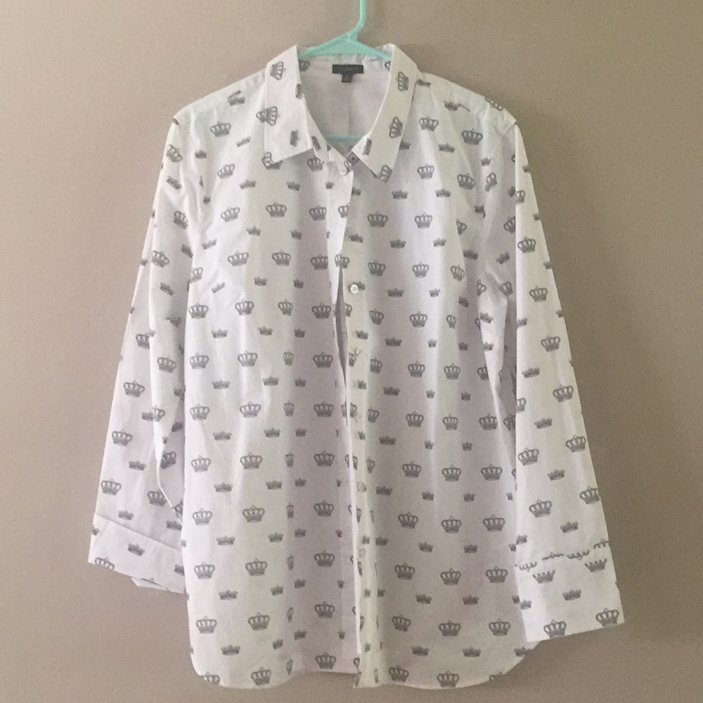 Talbots King/Queen Crown Print White Blouse XL